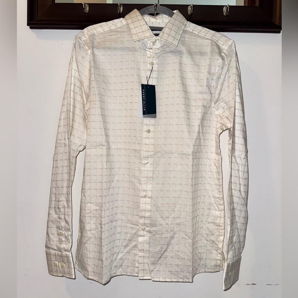 NWT Perry Ellis DOBBY PERRY PRINT PLAID SHIRT Size Small